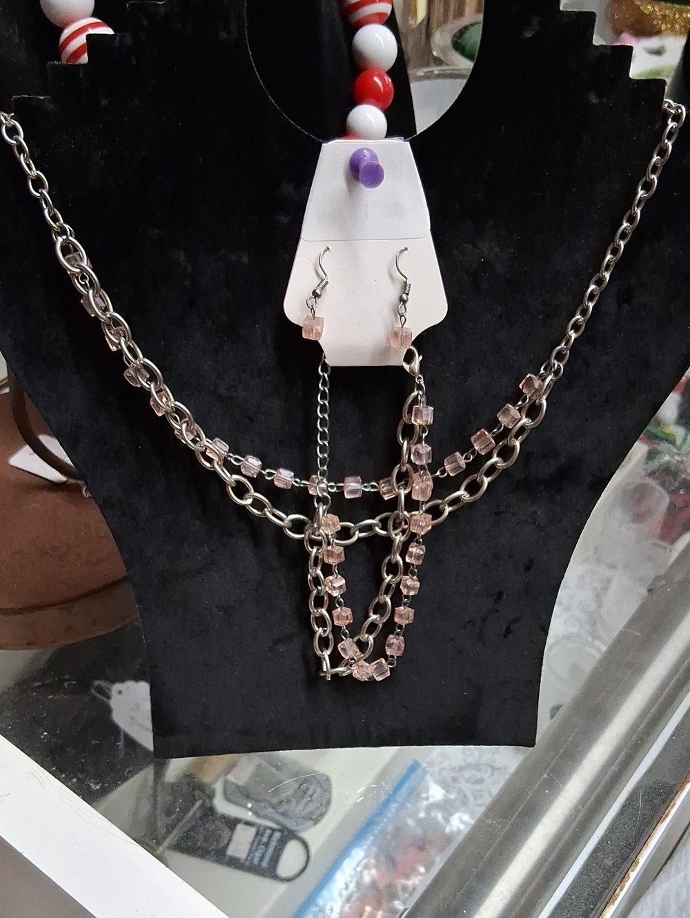 Women's Pink Crystal Chain Necklace and Earring Set And Braclet